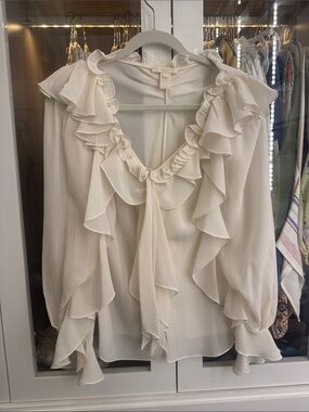 Zac Posen Cream Ruffled V-Neck Tie Blouse